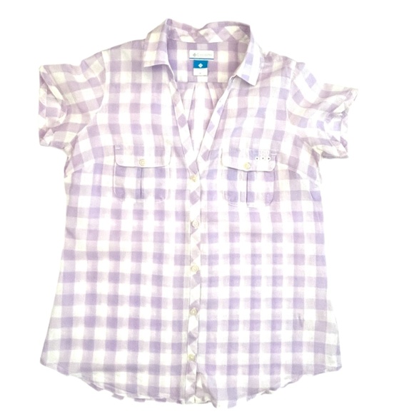 Columbia Women's Purple and White Plaid Short Sleeve Button Down Shirt S… - Picture 1 of 13